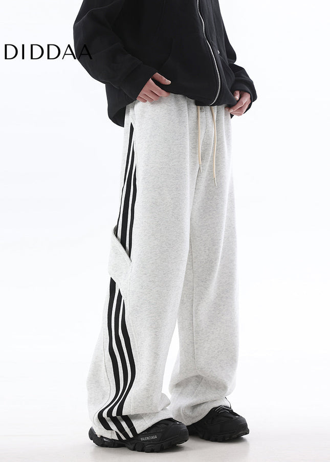 Grey Striped Loose Fit Wide-Leg Sweatpants - Unisex Sweatpants