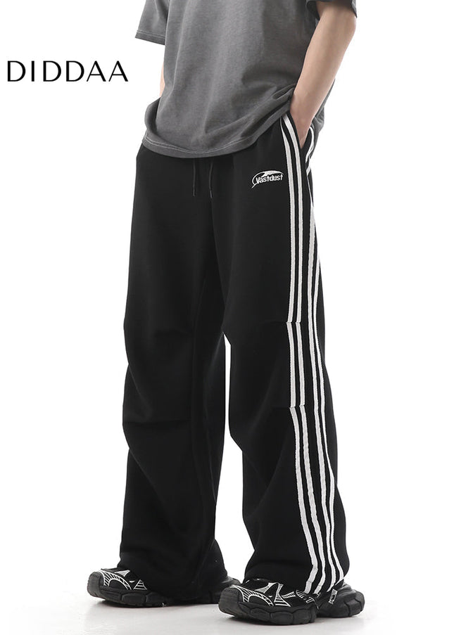Grey Striped Loose Wide-Leg Sweatpants for Men - Unisex Sweatpants