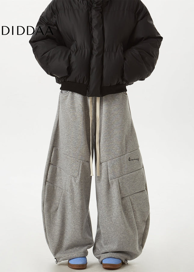 Grey Velvet Loose Wide-Leg Banana Pants - Unisex Sweatpants