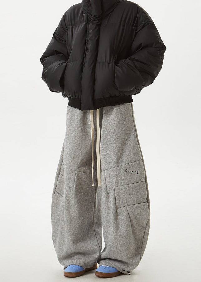 Grey Velvet Loose Wide-Leg Banana Pants - Unisex Sweatpants