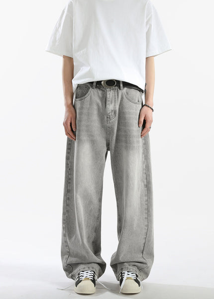 Grey Vintage Washed Loose Straight Casual Jeans - Men’s Jeans
