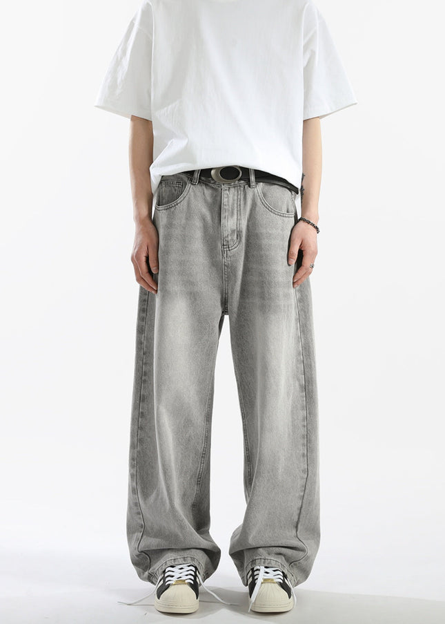 Grey Vintage Washed Loose Straight Casual Jeans - Men’s Jeans