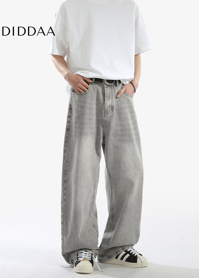Grey Vintage Washed Loose Straight Casual Jeans - Men’s Jeans