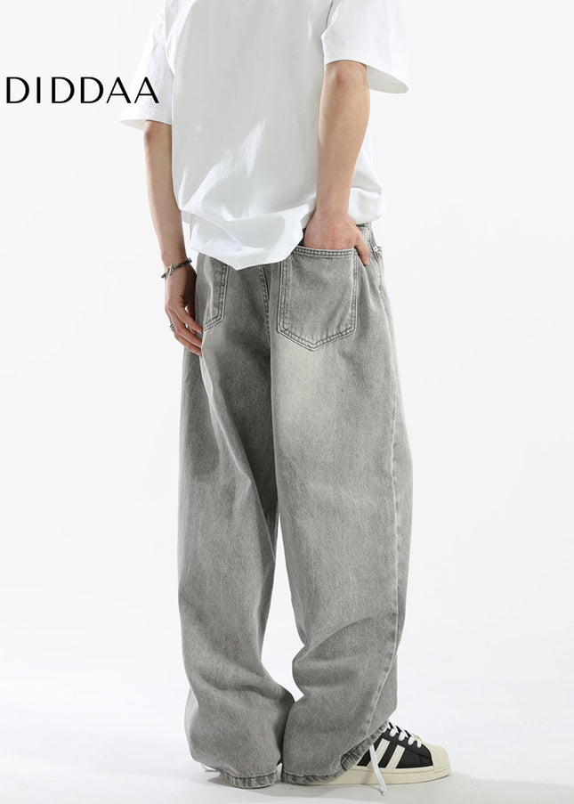 Grey Vintage Washed Loose Straight Casual Jeans - Men’s Jeans