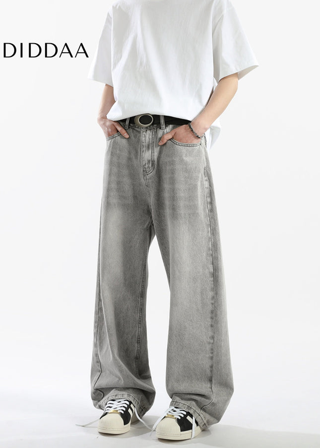 Grey Vintage Washed Loose Straight Casual Jeans - Men’s Jeans