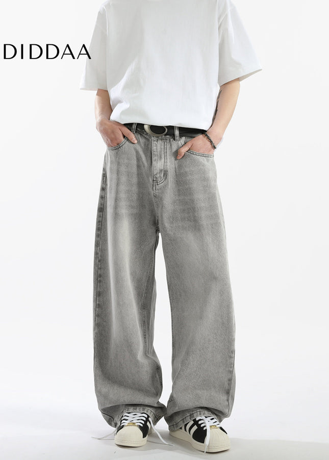 Grey Vintage Washed Loose Straight Casual Jeans - Men’s Jeans