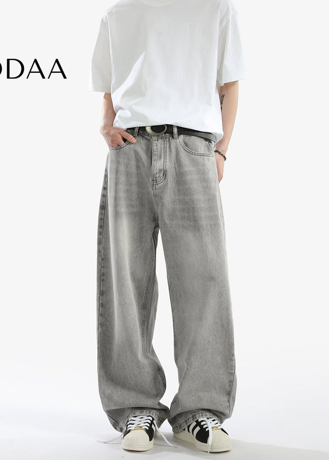 Grey Vintage Washed Loose Straight Casual Jeans - S / Grey - Men’s Jeans