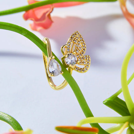 Forest system fresh and elegant, fashionable personality copper gold-plated band, inlaid with zircon, design butterfly open ring