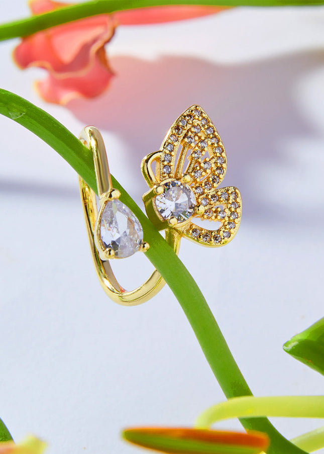 Forest system fresh and elegant, fashionable personality copper gold-plated band, inlaid with zircon, design butterfly open ring