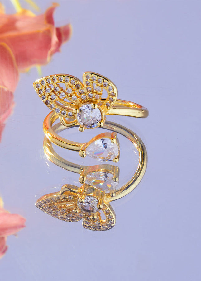 Forest system fresh and elegant, fashionable personality copper gold-plated band, inlaid with zircon, design butterfly open ring
