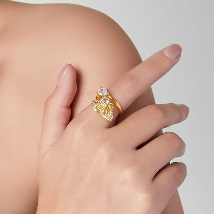 Forest system fresh and elegant, fashionable personality copper gold-plated band, inlaid with zircon, design butterfly open ring