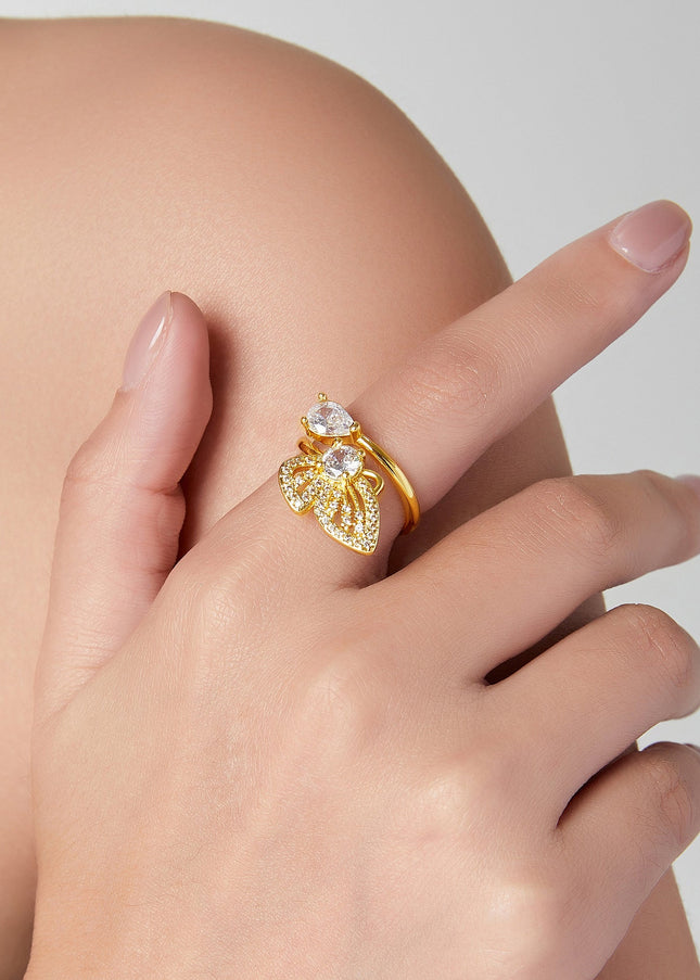 Forest system fresh and elegant, fashionable personality copper gold-plated band, inlaid with zircon, design butterfly open ring