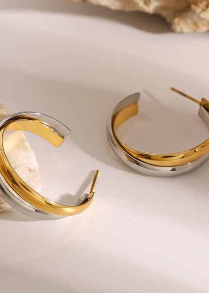 Jieding European and American stainless steel, gold and silver, color-blocked, C-shaped winding studs, high-end personality, temperament earrings, cross-border jewelry