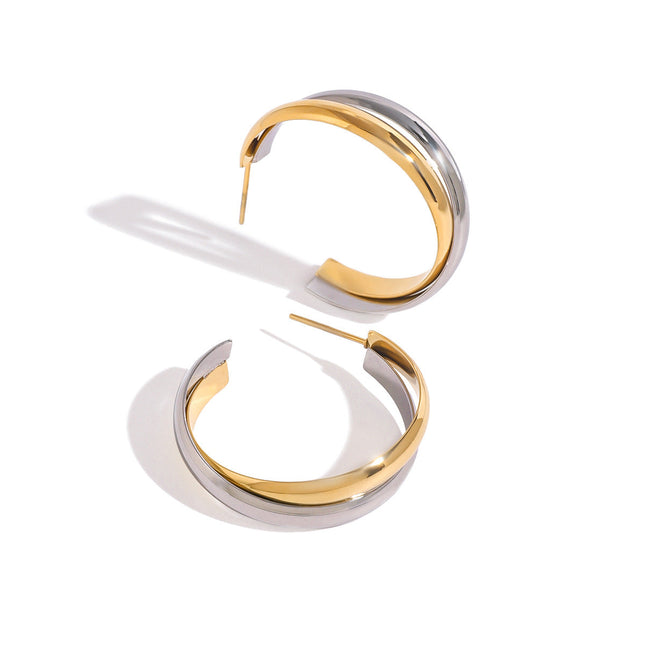 Jieding European and American stainless steel, gold and silver, color-blocked, C-shaped winding studs, high-end personality, temperament earrings, cross-border jewelry