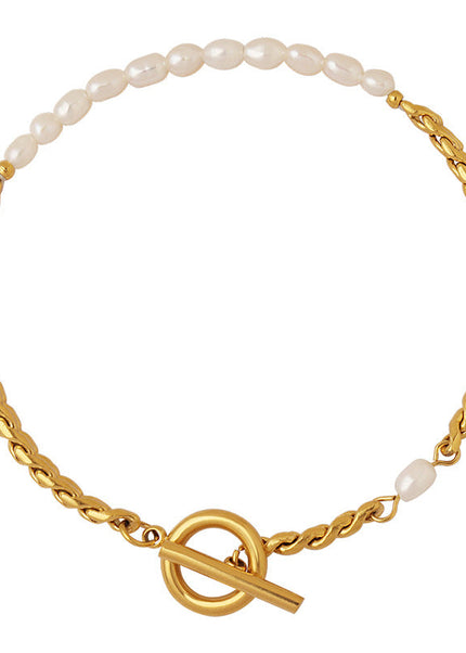 Korean non-fading bracelet jewelry, fashion commuting freshwater pearl OT buckle, titanium steel plated 18K gold, niche design women