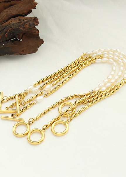 Korean non-fading bracelet jewelry, fashion commuting freshwater pearl OT buckle, titanium steel plated 18K gold, niche design women