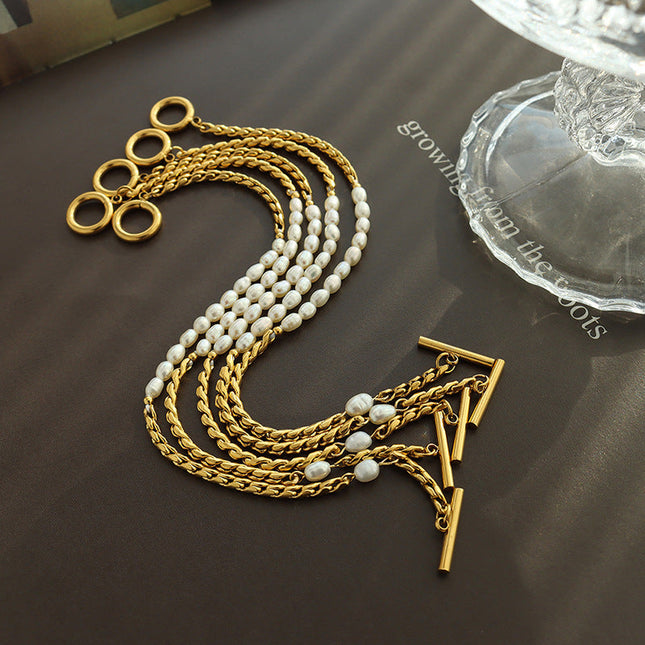 Korean non-fading bracelet jewelry, fashion commuting freshwater pearl OT buckle, titanium steel plated 18K gold, niche design women