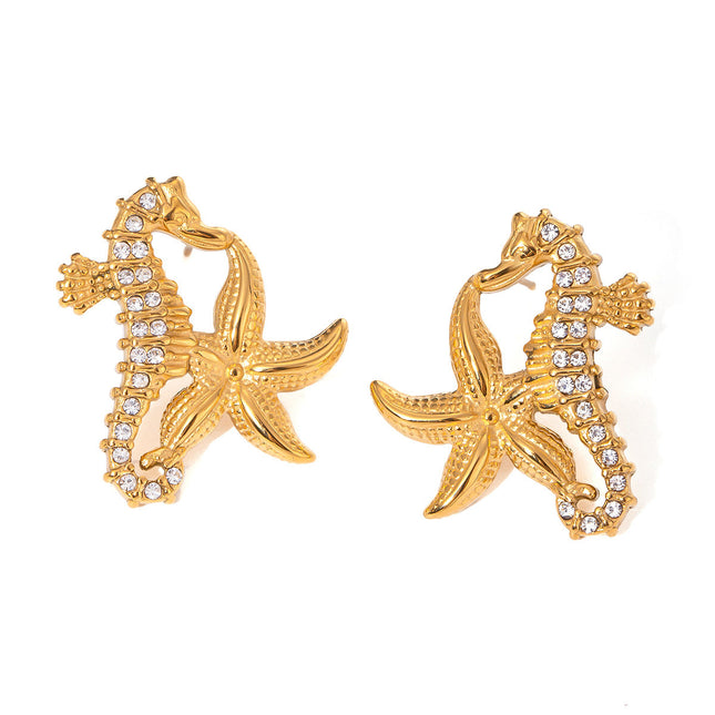 Jieding European and American stainless steel rhinestone starfish earrings high-end sense of marine style resort earrings titanium steel earrings cross-border
