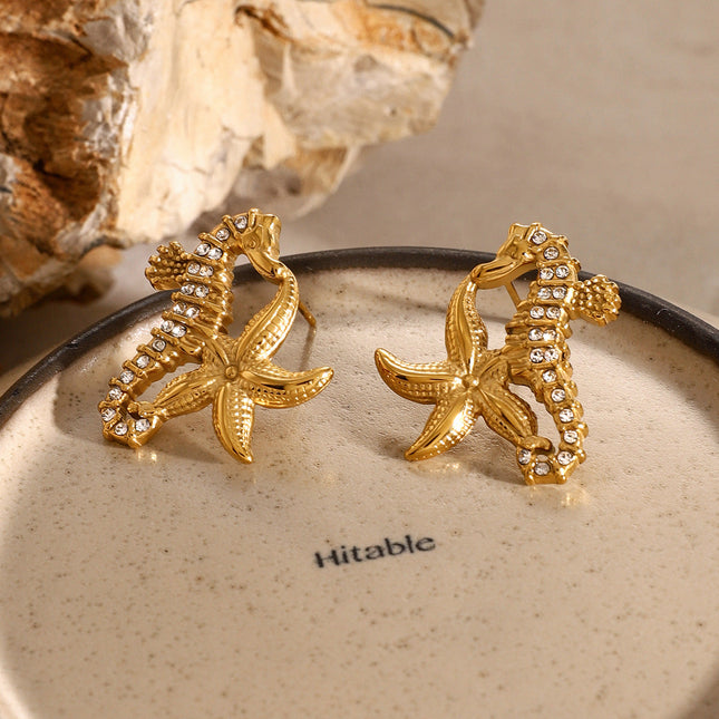 Jieding European and American stainless steel rhinestone starfish earrings high-end sense of marine style resort earrings titanium steel earrings cross-border
