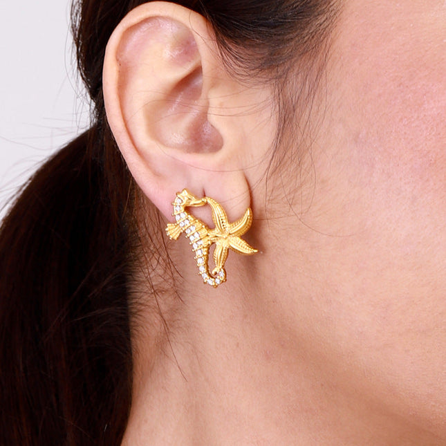 Jieding European and American stainless steel rhinestone starfish earrings high-end sense of marine style resort earrings titanium steel earrings cross-border