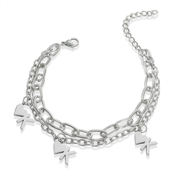 European and American style new fashion cold style personality titanium steel double heart pendant bracelet high-end simple jewelry men