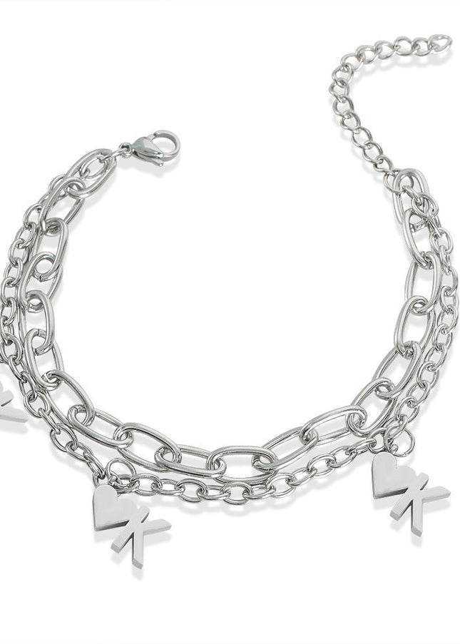 European and American style new fashion cold style personality titanium steel double heart pendant bracelet high-end simple jewelry men