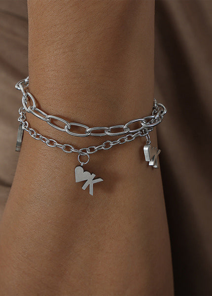 European and American style new fashion cold style personality titanium steel double heart pendant bracelet high-end simple jewelry men