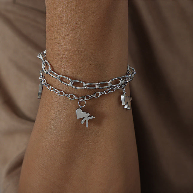 European and American style new fashion cold style personality titanium steel double heart pendant bracelet high-end simple jewelry men