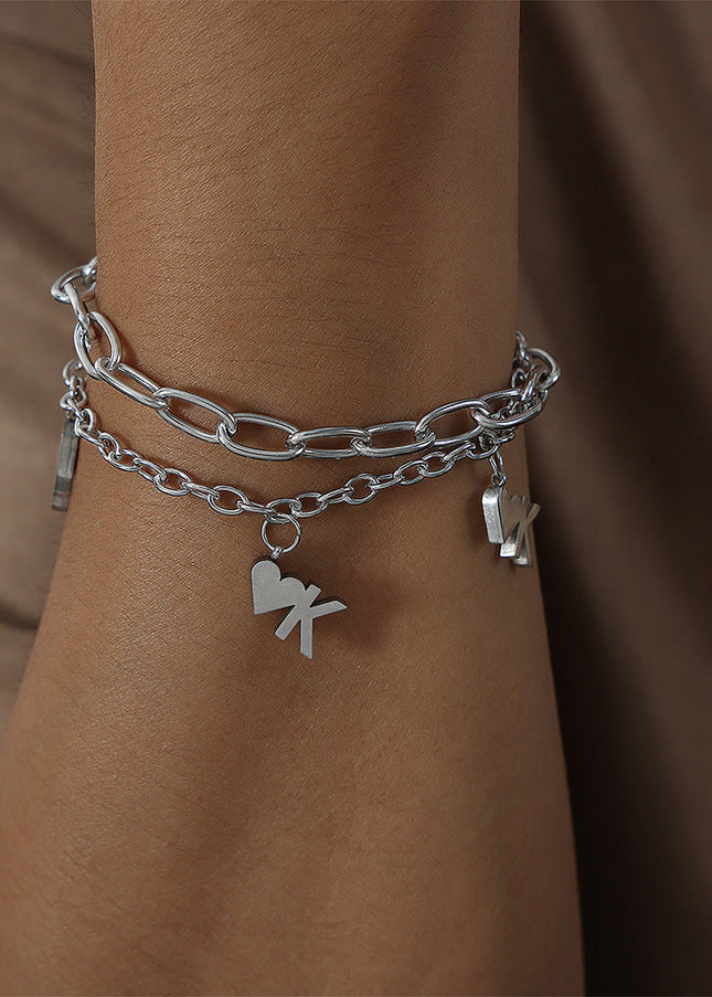 European and American style new fashion cold style personality titanium steel double heart pendant bracelet high-end simple jewelry men