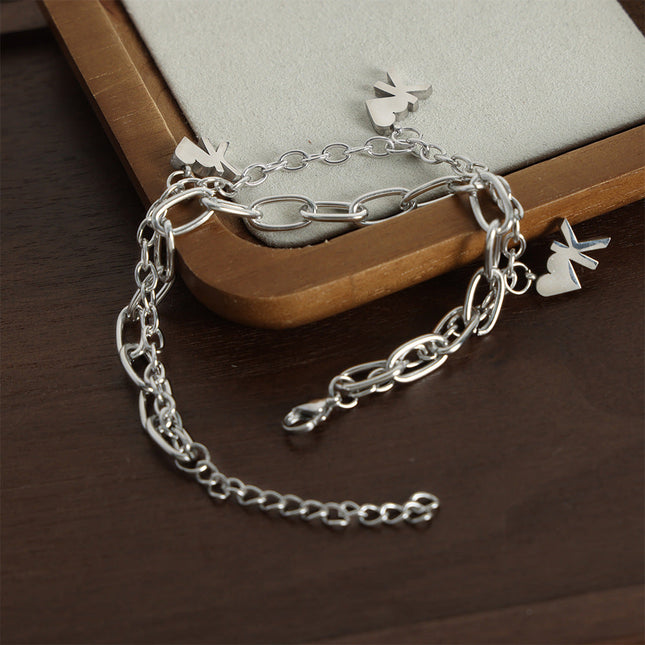 European and American style new fashion cold style personality titanium steel double heart pendant bracelet high-end simple jewelry men