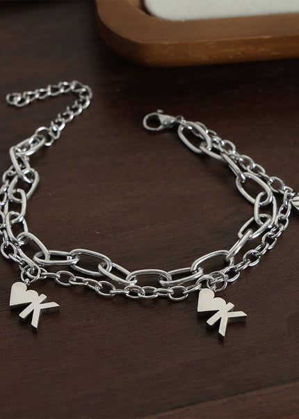 European and American style new fashion cold style personality titanium steel double heart pendant bracelet high-end simple jewelry men