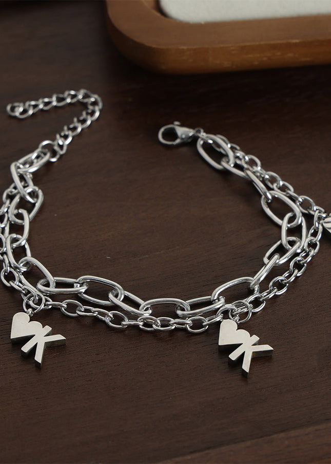 European and American style new fashion cold style personality titanium steel double heart pendant bracelet high-end simple jewelry men