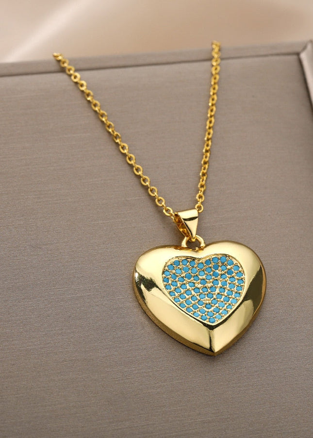 Heartfelt Pendant Necklace | Gold Green Large Heart Chain - Gold - Necklaces
