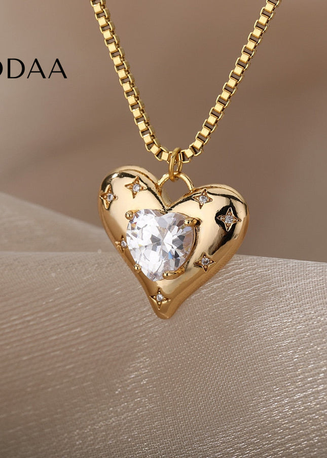Heavenly Pendant Necklace | Gold Zirconia Pearl Heart Chain - Necklaces