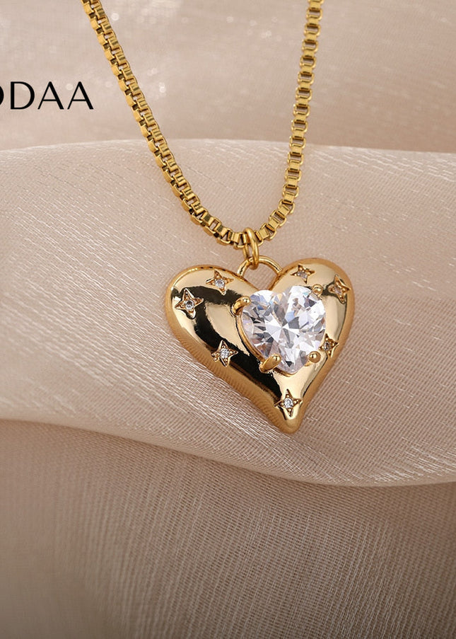 Heavenly Pendant Necklace | Gold Zirconia Pearl Heart Chain - Necklaces