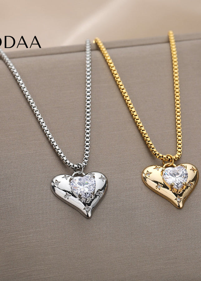 Heavenly Pendant Necklace | Gold Zirconia Pearl Heart Chain - Silver - Necklaces