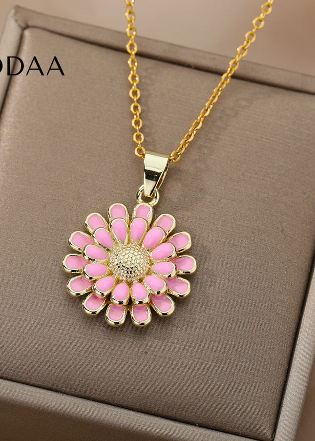 Heure Pendant Necklace | Gold White Sunflower Chain - Pink - Necklaces