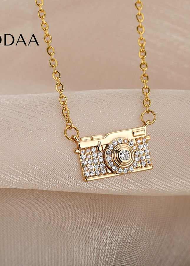 Highlight Pendant Necklace | Gold Zirconia Camera Chain - Gold - Necklaces