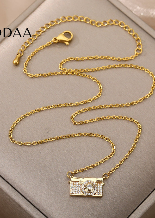Highlight Pendant Necklace | Gold Zirconia Camera Chain - Gold - Necklaces