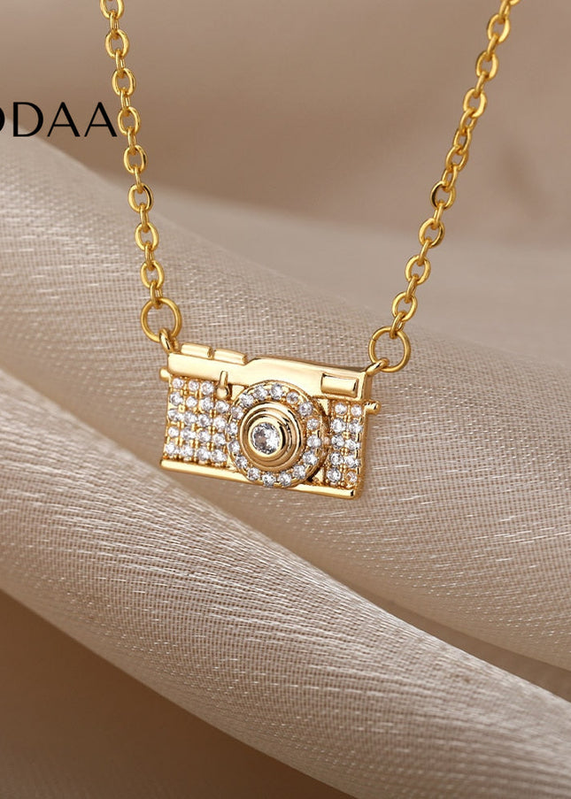 Highlight Pendant Necklace | Gold Zirconia Camera Chain - Gold - Necklaces