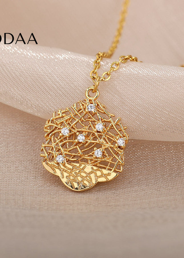 Honeycomb Pendant Necklace | Gold Silver Zirconia Statement Chain - Necklaces