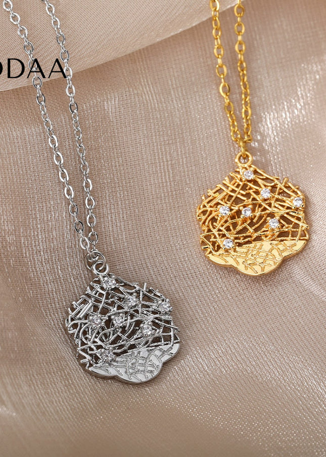 Honeycomb Pendant Necklace | Gold Silver Zirconia Statement Chain - Silver - Necklaces