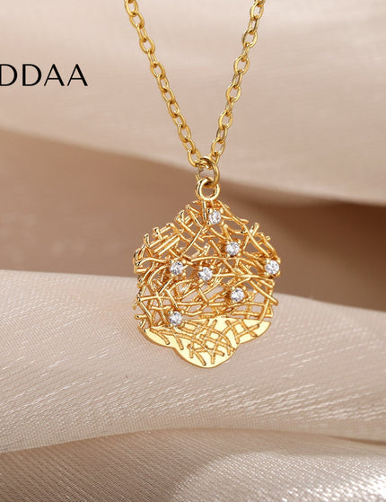 Honeycomb Pendant Necklace | Gold Silver Zirconia Statement Chain - Gold - Necklaces