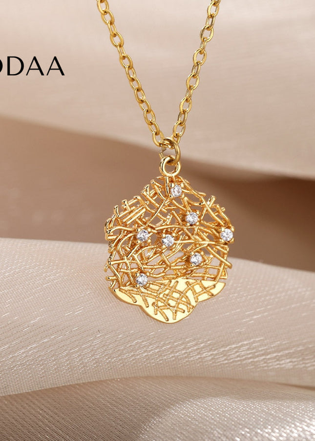 Honeycomb Pendant Necklace | Gold Silver Zirconia Statement Chain - Gold - Necklaces