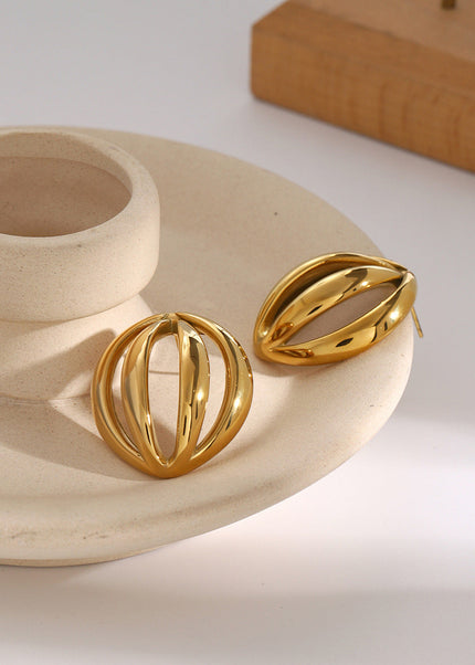 2024 summer new 18k gold stainless steel stud earrings women's ins wind nutmeg geometric arc multi-layer cutout earrings