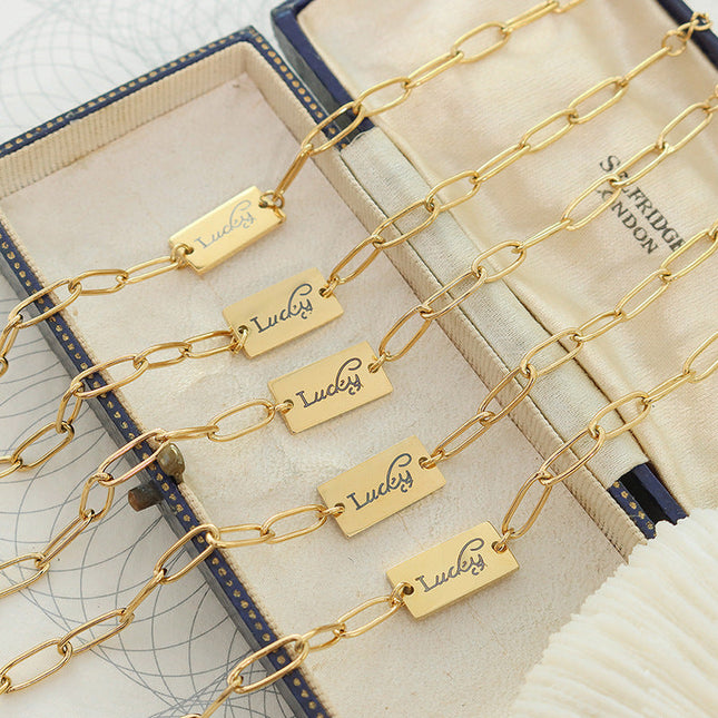 European and American ins cold wind fresh and simple Lucky square brand bracelet titanium steel plated 18K real gold hand jewelry E104