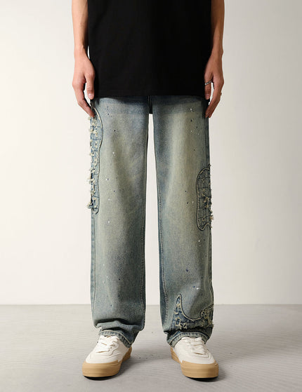 Ink Wash Vintage Scratched Loose Straight Jeans - 28 / Vintage Blue - Men’s Jeans
