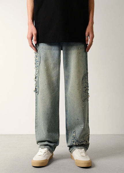 Ink Wash Vintage Scratched Loose Straight Jeans - 28 / Vintage Blue - Men’s Jeans