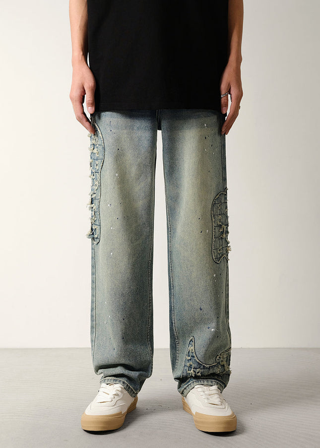 Ink Wash Vintage Scratched Loose Straight Jeans - 28 / Vintage Blue - Men’s Jeans