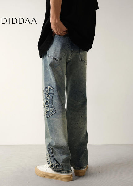 Ink Wash Vintage Scratched Loose Straight Jeans - Men’s Jeans